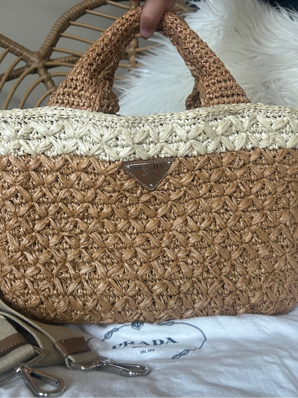 Prada Raffia White Top Tote with Original Removable Strap